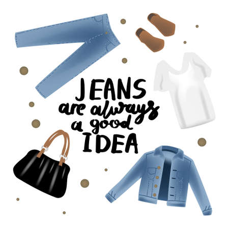 Fashion vector photo realism illustration with blue denim jacket, bag, shoes, shirt and hand writing calligraphy jeans are always a good idea. Isolated on white backgroundのイラスト素材