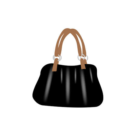 Fashion vector photo realism illustration with black glossy leather bag with brown handles. Isolated on white backgroundのイラスト素材