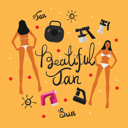 Vector illustration with tan spray machine woman in bikini and hand lettering calligraphy text on yellow backgroundのイラスト素材