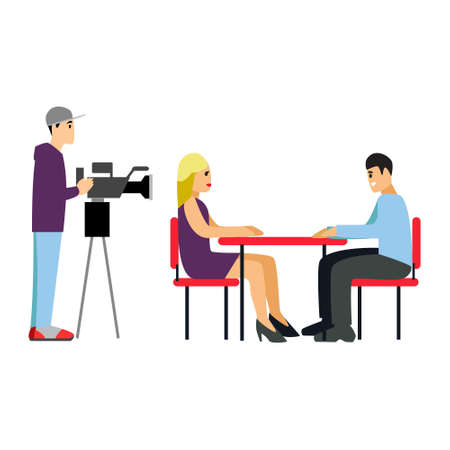 Tv journalist taking interview in front camera. Vector illustration in a flat style on white isolated background.のイラスト素材