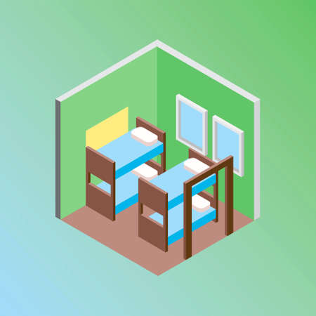 Vector design concept with isometric 3d hostel or hotel bed room illustrationのイラスト素材