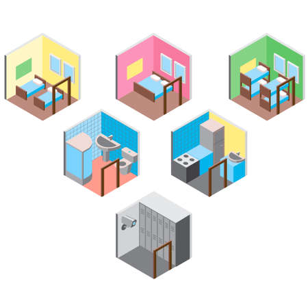 Vector design concept with isometric 3d hostel or hotel rooms illustration setのイラスト素材