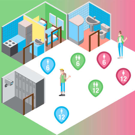 Vector design concept with isometric 3d hostel or hotel rooms and travelers illustrationsのイラスト素材