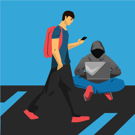 Hacker is using computer to attack vector illustrationのイラスト素材