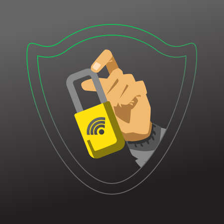 Hand showing closed lock. Hacker attack vector illustrationのイラスト素材