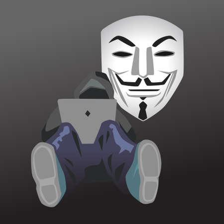 Vector flat illustration with young hacker is attacking data serversの写真素材
