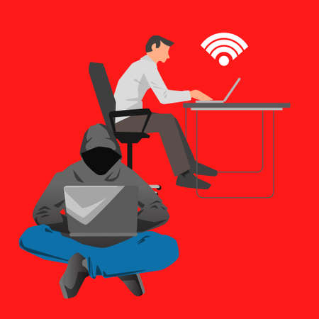Vector flat illustration with office man working on computer by the desk and hacker sitting with laptop on red backgroundの写真素材