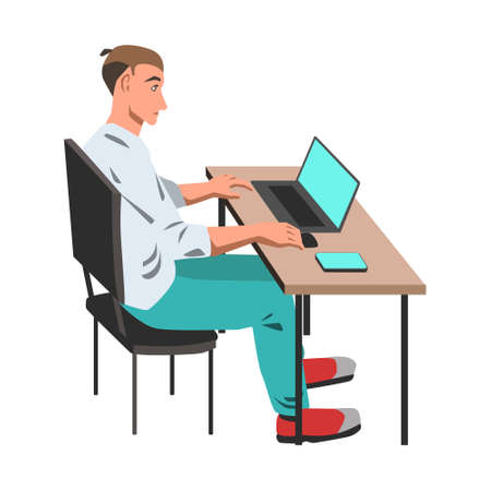 Vector flat illustration on separate white background with office Man working on his laptop by the deskの写真素材