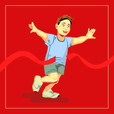 Flat vector illustration with boy running to red ribbonのイラスト素材