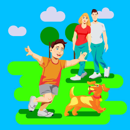 Flat vector illustration with family play with dogのイラスト素材