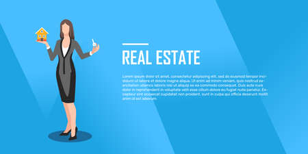 Realtor holds a key in hand and small house flat, illustration, vectorのイラスト素材