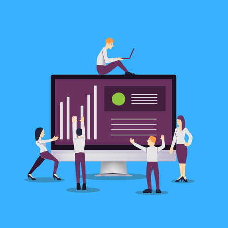 vector illustration -advertising and marketing. Web interface with people on background. Banner, site, poster template graphic.のイラスト素材