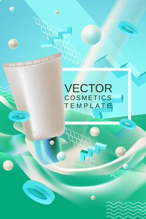 Vector abstract background cosmetics template for banner or poster design in blue green colors with realism style cream packaging and place for textのイラスト素材