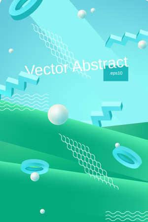 Vector abstract background template for banner or poster design in blue green colors with 3d elements and place for textのイラスト素材