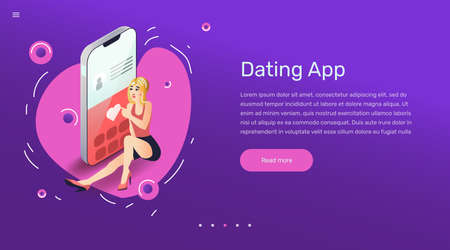 Vector app user illustration in modern flat style. Beautiful woman using dating smartphone mobile application concept for banner or web design.のイラスト素材