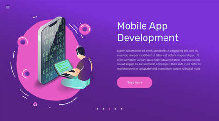 Vector app user illustration in modern flat style. Coder developing smartphone mobile application concept for banner or web design.のイラスト素材