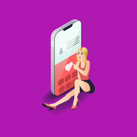 Vector app user illustration in modern flat style. Beautiful woman using dating smartphone mobile application concept.のイラスト素材