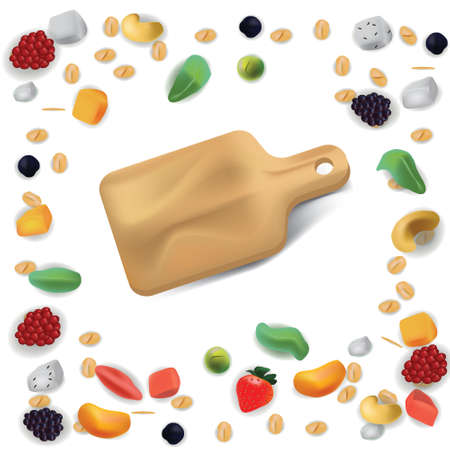 Vector illustration set in realism style about healty and eco food. The cutting board is surrounded by fruits, vegetables and nuts in top viewのイラスト素材