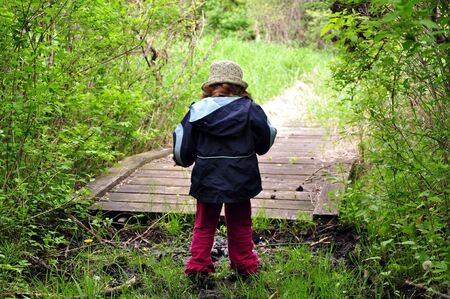 Girl on path in the woods in Brandon, Wisconsinの写真素材