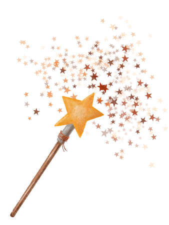 Fairytale magic wand with multicolored stars drawing. illustration isolated on a white backgroundの写真素材