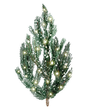Christmas pine tree with lights, decoration lamps. Merry Christmas and a happy new year concept. Isolated on white backgroundの写真素材
