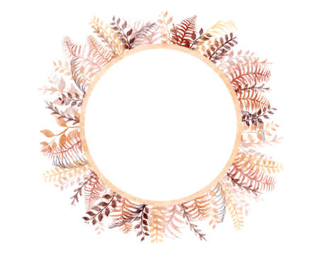 Trendy dried tropical watercolor leaves round frame. Trendy flower. Beige, gold, brown, rust, taupe elements isolated on white backgroundの写真素材