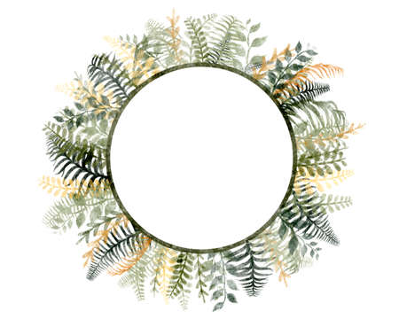Watercolor round frame from hand drawn tropical leaves, isolated on white background. Hand painted watercolor illustration.の写真素材