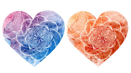 Set of abstract mandala graphic design decorative elements isolated on watercolor background for abstract concepts, mandala heart shape for valentine conceptsの写真素材
