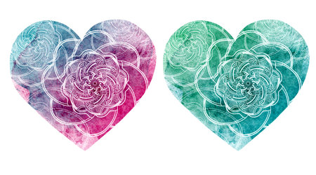 Set of abstract mandala graphic design decorative elements isolated on watercolor background for abstract concepts, mandala heart shape for valentine conceptsの写真素材