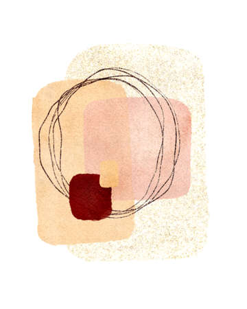Abstract art watercolor square and rectangular shapes print, burgundy, blush, beige colors and decorative elementsの写真素材