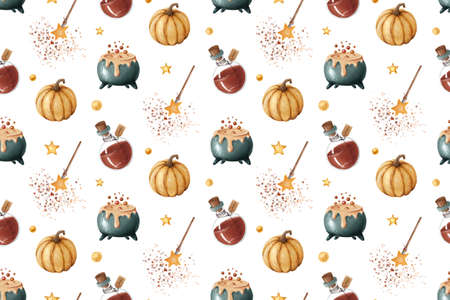 Cartoon cute hand drawn Halloween seamless patternの写真素材