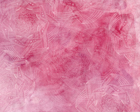 Decorative banner with watercolour texture and mandala design, pink crimson color textured watercolor background with mandalasの写真素材