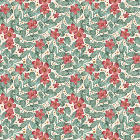 Red bloom flowers and green leaves seamless pattern backgroundの写真素材