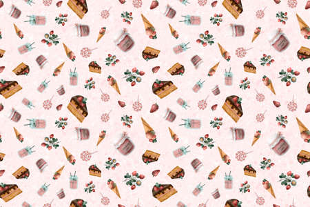 Sweet food seamless pattern with hand drawn illustrations - lollipop, strawberry jam, milkshake, ice cream, birthday cake, candy shop. Cute pink background for confectioneryの写真素材