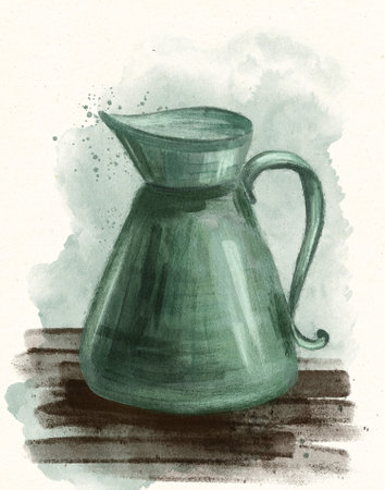 Hand-drawn illustration with a blue water jug on a wooden baseの写真素材