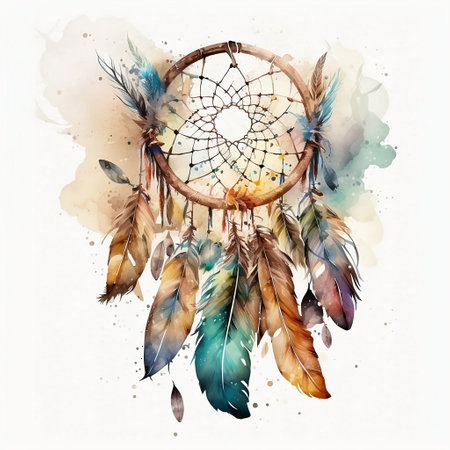 Boho tribal illustration with dreamcatcher and feathersの写真素材