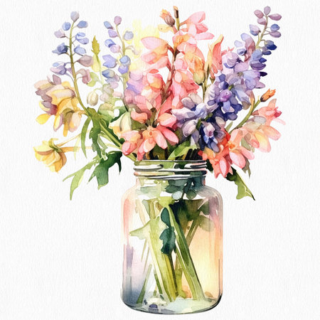 Bouquet of pink, yellow, purple wild flowers in a glass jar isolated on white backgroundの写真素材