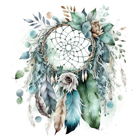 Dreamcatcher with blue, green, beige feathers and flowersの写真素材