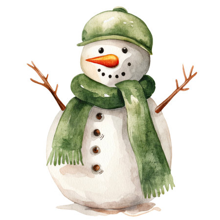 Snowman in green hat and green scarfの写真素材