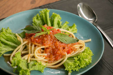 Spaghetti with spicy seafood asian style - street foodの写真素材