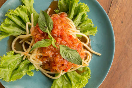 Spaghetti with spicy seafood asian style - street foodの写真素材