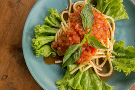 Spaghetti with spicy seafood asian style - street foodの写真素材