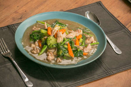 Thai fried noodles with chicken. Thai style gravy.Thai Street food. "Rad Nha Seafood"の写真素材