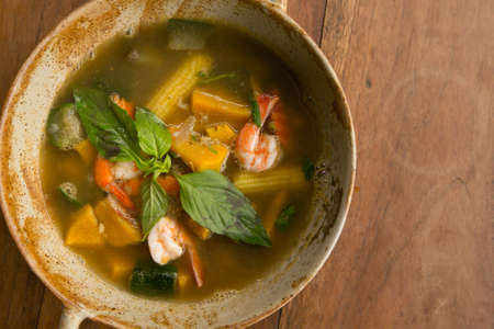 Thai Spicy Mixed Vegetable Soup with Prawns - street food asian styleの写真素材