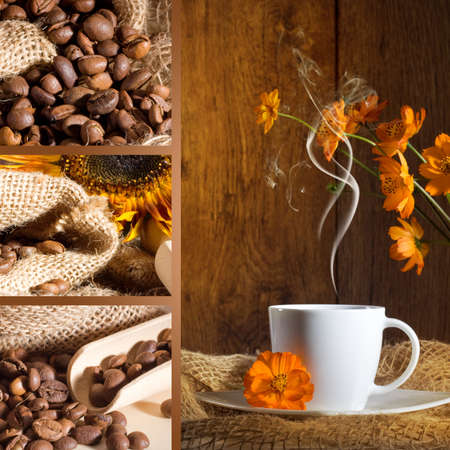 Coffee collage with brown background の写真素材