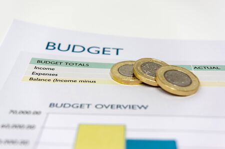 Budget sheet with pound coins on top.の写真素材