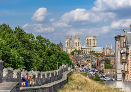 York, Yorkshire, UK, 08/08/2015 - view from the city wall of York with the Minster in the background...