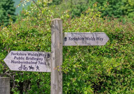 A wooden arrow directional sign post for walkers, cyclists and horse riders in the Yorkshire Wolds.の写真素材