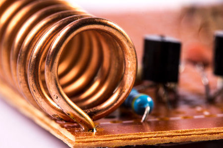 circuit board with soldered radio components, resistors, transistors, diodes, inductors and...