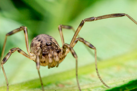 a spider with long legs on a blurred green background. a colorful detailed macro photograph of an...